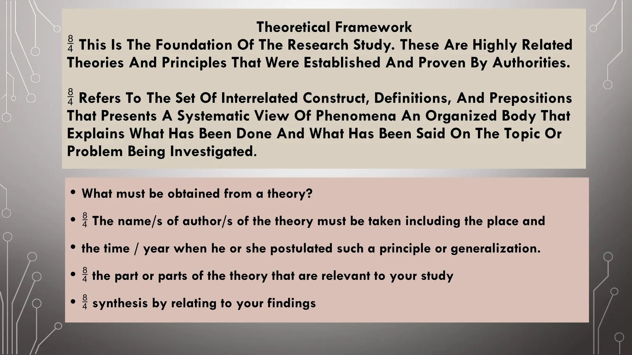 Theoretical Framework
 This Is The Foundation Of The Research Study. These Are Highly Related
Theories And Principles That Were Established And Proven By Authorities.
Refers To The Set Of Interrelated Construct, Definitions, And Prepositions

That Presents A Systematic View Of Phenomena An Organized Body That
Explains What Has Been Done And What Has Been Said On The Topic Or
Problem Being Investigated.
• What must be obtained from a theory?
•  The name/s of author/s of the theory must be taken including the place and
• the time / year when he or she postulated such a principle or generalization.
•  the part or parts of the theory that are relevant to your study
•  synthesis by relating to your findings
 
