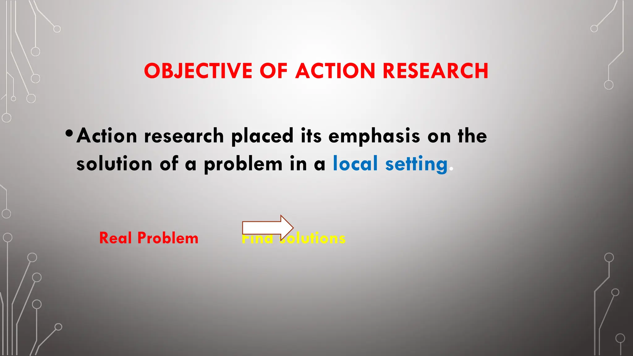 OBJECTIVE OF ACTION RESEARCH
•Action research placed its emphasis on the
solution of a problem in a local setting.
Real Problem Find solutions
 