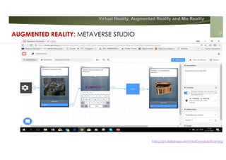 Virtual Reality, Augmented Reality and Mix Reality
https://pt.slideshare.net/VitorGonalves9/ar-brg
AUGMENTED REALITY: METAVERSE STUDIO 29
 