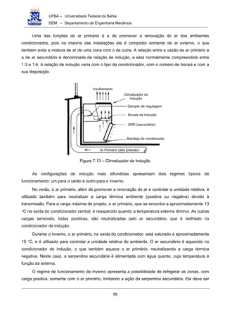 UFBA – Universidade Federal da Bahia
DEM – Departamento de Engenharia Mecânica
96
Uma das funções do ar primário é a de promover a renovação do ar dos ambientes
condicionados, pois na maioria das instalações ele é composto somente de ar externo, o que
também evita a mistura de ar de uma zona com o de outra. A relação entre a vazão de ar primário e
a de ar secundário é denominada de relação de indução, e está normalmente compreendida entre
1:3 e 1:6. A relação de indução varia com o tipo de condicionador, com o número de bocais e com a
sua disposição.
Figura 7.13 – Climatizador de Indução
As configurações de indução mais difundidas apresentam dois regimes típicos de
funcionamento: um para o verão e outro para o inverno.
No verão, o ar primário, além de promover a renovação do ar e controlar a umidade relativa, é
utilizado também para neutralizar a carga térmica ambiente (positiva ou negativa) devido à
transmissão. Para a carga máxima de projeto, o ar primário, que se encontra a aproximadamente 13
°C na saída do condicionador central, é reaquecido quando a temperatura externa diminui. As outras
cargas sensíveis, todas positivas, são neutralizadas pelo ar secundário, que é resfriado no
condicionador de indução.
Durante o inverno, o ar primário, na saída do condicionador, está saturado a aproximadamente
10 °C, e é utilizado para controlar a umidade relativa do ambiente. O ar secundário é aquecido no
condicionador de indução, o que também aquece o ar primário, neutralizando a carga térmica
negativa. Neste caso, a serpentina secundária é alimentada com água quente, cuja temperatura é
função da externa.
O regime de funcionamento de inverno apresenta a possibilidade de refrigerar as zonas, com
carga positiva, somente com o ar primário, limitando a ação da serpentina secundária. Ele deve ser
 
