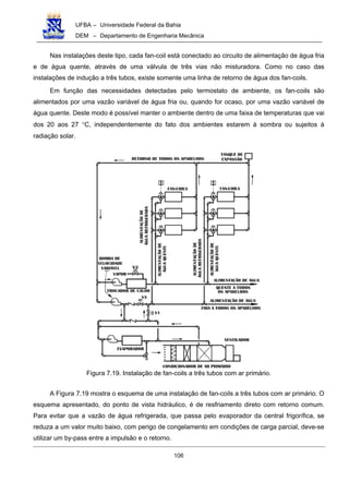 UFBA – Universidade Federal da Bahia
DEM – Departamento de Engenharia Mecânica
106
Nas instalações deste tipo, cada fan-coil está conectado ao circuito de alimentação de água fria
e de água quente, através de uma válvula de três vias não misturadora. Como no caso das
instalações de indução a três tubos, existe somente uma linha de retorno de água dos fan-coils.
Em função das necessidades detectadas pelo termostato de ambiente, os fan-coils são
alimentados por uma vazão variável de água fria ou, quando for ocaso, por uma vazão variável de
água quente. Deste modo é possível manter o ambiente dentro de uma faixa de temperaturas que vai
dos 20 aos 27 °C, independentemente do fato dos ambientes estarem à sombra ou sujeitos à
radiação solar.
Figura 7.19. Instalação de fan-coils a três tubos com ar primário.
A Figura 7.19 mostra o esquema de uma instalação de fan-coils a três tubos com ar primário. O
esquema apresentado, do ponto de vista hidráulico, é de resfriamento direto com retorno comum.
Para evitar que a vazão de água refrigerada, que passa pelo evaporador da central frigorífica, se
reduza a um valor muito baixo, com perigo de congelamento em condições de carga parcial, deve-se
utilizar um by-pass entre a impulsão e o retorno.
 