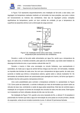 UFBA – Universidade Federal da Bahia
DEM – Departamento de Engenharia Mecânica
110
A Figura 7.22 representa esquematicamente uma instalação de fan-coils a dois tubos, com
regulagem da temperatura realizada mediante um termostato de duas posições, que para e coloca
em funcionamento os motores dos ventiladores. Este tipo de regulagem produz variações
significativas da temperatura, porém um bom controle de umidade, já que a temperatura da
superfície da serpentina diminui com a diminuição de carga sensível.
Figura 7.22. Instalação de fan-coils a dois tubos. Controle da
temperatura pelo acionamento dos ventiladores.
Durante o verão os fan-coils estão alimentados por água fria, sendo que a temperatura da
água, em cada zona, é mantida constante, pela ação de um termostato, cujo bulbo está instalado na
descarga da bomba de zona, e que modula a válvula três vias V3.
Durante o inverno é feita uma comutação no circuito hidráulico, que eventualmente é
automática, de modo que a água da central térmica chegue aos fan-coils. Um termostato, instalado
na impulsão das bombas de cada zona, faz com que a temperatura da água quente, de cada zona,
aumente à medida que diminui a temperatura externa, agindo sobre a válvula modulante V2. Os
termostatos de ambiente devem ser posicionados para operação em inverno, de forma que liguem o
ventilador dos fan-coils quando a temperatura diminuir.
Uma outra possibilidade para controlar a temperatura ambiente é a apresentada na Figura
7.23. Como pode ser observado, o controle é efetuado por meio de termostatos que atuam sobre as
válvulas de duas vias, controlando a vazão de água pelas serpentinas. Este tipo de controle exige a
instalação de um bypass na bomba de circulação dos circuitos de cada uma das zonas. Este bypass
na é necessário se forem utilizadas válvulas de três vias nos fan-coils.
Na instalação da Figura 7.23, quando uma zona necessita de frio, a válvula V1 (2 posições) é
posicionada de maneira que toda a água de recirculação da zona passe ao circuito primário, através
do evaporador, antes de ser enviada novamente à zona. A válvula V2 permanece fechada.
 