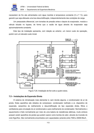 UFBA – Universidade Federal da Bahia
DEM – Departamento de Engenharia Mecânica
113
necessitam de frio são alimentados com água mantida à temperatura constante (5 a 7 °C), para
garantir que seja efetuada uma boa desumidificação, independentemente das condições de carga.
Um pressostato diferencial, com tomadas de pressão antes e depois do evaporador, modula a
válvula situada no bypass, de forma que a vazão de água através do evaporador seja
aproximadamente constante.
Este tipo de instalação apresenta, com relação ao anterior, um menor custo de operação,
porém com um elevado custo inicial.
Figura 7.25. Instalação de fan-coils a quatro tubos.
7.5 – Instalações de Expansão Direta
O sistema de climatização mais elementar é, sem dúvida alguma, o condicionador de ar de
janela. Estes aparelhos são dotados de compressor, condensador resfriado a ar, dispositivo de
expansão, serpentina de resfriamento e desumidificação do tipo expansão direta, filtros e
ventiladores para circulação do ar condicionado e para resfriamento do condensador. Normalmente o
aquecimento é feito normalmente por meio de uma bateria de resistências elétricas, muito embora
possam existir aparelhos de janela que podem operar como bomba de calor, através da inversão do
ciclo frigorífico. São normalmente encontrados com capacidades variando entre 7500 a 30000 Btu/h.
 