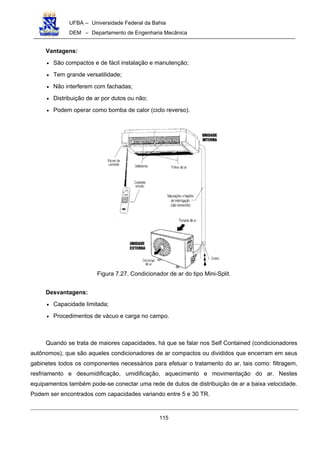 UFBA – Universidade Federal da Bahia
DEM – Departamento de Engenharia Mecânica
115
Vantagens:
• São compactos e de fácil instalação e manutenção;
• Tem grande versatilidade;
• Não interferem com fachadas;
• Distribuição de ar por dutos ou não;
• Podem operar como bomba de calor (ciclo reverso).
Figura 7.27. Condicionador de ar do tipo Mini-Split.
Desvantagens:
• Capacidade limitada;
• Procedimentos de vácuo e carga no campo.
Quando se trata de maiores capacidades, há que se falar nos Self Contained (condicionadores
autônomos), que são aqueles condicionadores de ar compactos ou divididos que encerram em seus
gabinetes todos os componentes necessários para efetuar o tratamento do ar, tais como: filtragem,
resfriamento e desumidificação, umidificação, aquecimento e movimentação do ar. Nestes
equipamentos também pode-se conectar uma rede de dutos de distribuição de ar a baixa velocidade.
Podem ser encontrados com capacidades variando entre 5 e 30 TR.
 