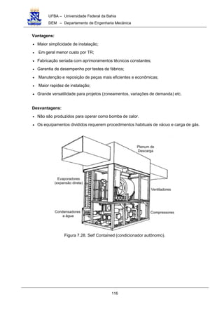 UFBA – Universidade Federal da Bahia
DEM – Departamento de Engenharia Mecânica
116
Vantagens:
• Maior simplicidade de instalação;
• Em geral menor custo por TR;
• Fabricação seriada com aprimoramentos técnicos constantes;
• Garantia de desempenho por testes de fábrica;
• Manutenção e reposição de peças mais eficientes e econômicas;
• Maior rapidez de instalação;
• Grande versatilidade para projetos (zoneamentos, variações de demanda) etc.
Desvantagens:
• Não são produzidos para operar como bomba de calor.
• Os equipamentos divididos requerem procedimentos habituais de vácuo e carga de gás.
Figura 7.28. Self Contained (condicionador autônomo).
 