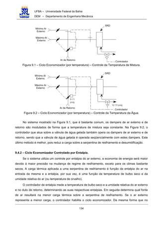 UFBA – Universidade Federal da Bahia
DEM – Departamento de Engenharia Mecânica
134
Figura 9.1 – Ciclo Economizador (por temperatura) – Controle da Temperatura de Mistura.
Figura 9.2 – Ciclo Economizador (por temperatura) – Controle da Temperatura da Água.
No sistema mostrado na Figura 9.1, que é bastante comum, os dampers de ar externo e de
retorno são modulados de forma que a temperatura de mistura seja constante. Na Figura 9.2, o
controlador que atua sobre a válvula de água gelada também opera os dampers de ar externo e de
retorno, sendo que a válvula de água gelada é operada seqüencialmente com estes dampers. Este
último método é melhor, pois reduz a carga sobre a serpentina de resfriamento e desumidificação.
9.4.2 – Ciclo Economizador Controlado por Entalpia.
Se o sistema utiliza um controle por entalpia do ar externo, a economia de energia será maior
devido à maior precisão na mudança de regime de resfriamento, exceto para os climas bastante
secos. A carga térmica aplicada a uma serpentina de resfriamento é função da entalpia do ar na
entrada da mesma e a entalpia, por sua vez, é uma função da temperatura de bulbo seco e da
umidade relativa do ar (ou temperatura de orvalho).
O controlador de entalpia mede a temperatura de bulbo seco e a umidade relativa do ar externo
e no duto de retorno, determinando as suas respectivas entalpias. Em seguida determina qual fonte
de ar resultará na menor carga térmica sobre a serpentina de resfriamento. Se o ar externo
representa a menor carga, o controlador habilita o ciclo economizador. Da mesma forma que no
 