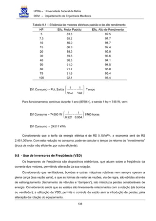 UFBA – Universidade Federal da Bahia
DEM – Departamento de Engenharia Mecânica
138
Tabela 9.1 – Eficiência de motores elétricos padrão e de alto rendimento
HP Efic. Motor Padrão Efic. Alto de Rendimento
5 83.3 89.5
7.5 85.2 91.7
10 86.0 91.7
15 86.3 92.4
20 88.3 93.0
30 89.5 93.6
40 90.3 94.1
50 91.0 94.5
60 91.7 95.0
75 91.6 95.4
100 92.1 95.4
Tempo
11
Saída.PotConsumo.Dif
ARPad








η
−
η
=
Para funcionamento contínuo durante 1 ano (8760 h), e sendo 1 hp = 745 W, vem:
horas8760
954.0
1
921.0
1
W74500ConsumoDif 





−=
kWh24511ConsumoDif =
Considerando que a tarifa da energia elétrica é de R$ 0,10/kWh, a economia será de R$
2.451,00/ano. Com esta redução no consumo, pode-se calcular o tempo de retorno do “investimento”
(troca de motor não eficiente, por outro eficiente).
9.8 - Uso de Inversores de Freqüência (VSD)
Os Inversores de Freqüência são dispositivos eletrônicos, que atuam sobre a freqüência da
corrente dos motores, permitindo alteração da sua rotação.
Considerando que ventiladores, bombas e outras máquinas rotativas nem sempre operam a
plena carga (sua vazão varia), e que as formas de variar as vazões, via de regra, são obtidas através
de estrangulamento (fechamento de válvulas e “dampers”), isto introduzia perdas consideráveis de
energia. Considerando ainda que as vazões são linearmente relacionadas com a rotação (da bomba
ou ventilador), a utilização de VSD, permite o controle da vazão sem a introdução de perdas, pela
alteração da rotação do equipamento.
 
