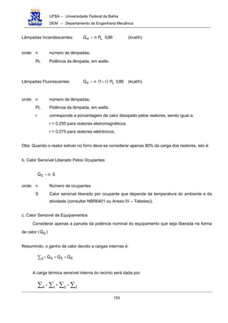 UFBA – Universidade Federal da Bahia
DEM – Departamento de Engenharia Mecânica
153
Lâmpadas Incandescentes: 86,0PnQ L4 =! (kcal/h)
onde: n número de lâmpadas;
PL Potência da lâmpada, em watts.
Lâmpadas Fluorescentes: ( ) 86,0Pr1nQ L4 +=! (kcal/h)
onde: n número de lâmpadas;
PL Potência da lâmpada, em watts.
r corresponde a porcentagem de calor dissipado pelos reatores, sendo igual a:
r = 0,250 para reatores eletromagnéticos.
r = 0,075 para reatores eletrônicos.
Obs: Quando o reator estiver no forro deve-se considerar apenas 80% da carga dos reatores, isto é:
b. Calor Sensível Liberado Pelos Ocupantes
SnQ5 =!
onde: n Número de ocupantes
S Calor sensível liberado por ocupante que depende da temperatura do ambiente e da
atividade (consultar NBR6401 ou Anexo IV – Tabelas)).
c. Calor Sensível de Equipamentos
Considerar apenas a parcela da potência nominal do equipamento que seja liberada na forma
de calor ( 6Q! )
Resumindo, o ganho de calor devido a cargas internas é:
∑ ++=3 654 QQQ !!!
A carga térmica sensível interna do recinto será dada por:
∑ ∑ ∑ ∑++=
4 1 2 3
 