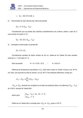 UFBA – Universidade Federal da Bahia
DEM – Departamento de Engenharia Mecânica
159
a.56,05,27524Q1 =⇒ !
2) Transmissão de calor através dos vidros das janelas
( )intext2 TTAUQ −=!
Considerando que as janelas são cobertas completamente com cortinas, adotar o valor de U
como sendo 5,0 kcal/h.m² ºC.
( )intext2 TT5,270,5Q −=
3) Insolação e transmissão na parede NE
e3 TAUQ ∆=!
Considerando paredes de tijolos furados de 25 cm, obtém-se da Tabela XX para paredes
externas U = 1,42 kcal/h.m².°C.
Área da parede: A = 3 x 17,50 – 27,5 ∴ A = 25,0 m²
Diferença de temperatura equivalente ( eT∆ ). Este valor é dado na Tabela 19 para a Lat. 40º N,
em Julho, que equivale ao mês de Janeiro, na Lat. 40º S. Para latitudes diferentes, corrigir por:
( )esem
m
s
ese TT
R
R
bTT ∆−∆+∆=∆
esT∆ e emT∆ deverão ser corrigidos em função da amplitude diária e da diferença ( )intext TT −
às 15:00 h, através da Tabela 20A.
Assim para:




=∆
=−=−
C7T
C112435)TT(
dia
intext
"
"
Obtém-se na Tabela 20a a correção para esT∆ ou emT∆ igual a +4,6 ºC.
 