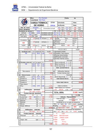 UFBA – Universidade Federal da Bahia
DEM – Departamento de Engenharia Mecânica
167
Folha de
Calculado: Data:
Data:
8,5 "m"x 17,5 149 "m2"
149 m2 x 3,0 446 "m3"
10 UR BU g/kg kcal/kg
Mês 67 25,8 20,30 24,04
∆t diário 7 50 17,3 10,07 16,15
12 10,23 7,89
pess 25 m3/h/pess. 625 pess. m3/h/pess -
m2 m3/h/m2 -
pess m3/h/pess. - m m3/h/m -
m3/h -
m2 m3/h/m2 - Ren/h m3 -
625 -
1 m2 FS 1
27,5 0,56 2
3
4
5
2 m2 K 5
25,0 1,42 5
25,5 1,42 0
6
7
3 m2 K
Janelas 27,5 5,00 5
Parede int. 28,1 1,56
Parede int.
Parede int.
Teto interno
Piso 149 2,00
4 m3/h
0 kg/h x 0,24 x 6,70
5
x 7,2 TR
Luzes fluor. 20 w/m2 x 1,08
Luzes inc. w/m2 x 0,86
Motores CV x 632
kW x 860
kW x 860 14 UR = 90 13,48 kcal/kg
kW x 860
1,08 x0,24x
6
0 kg/h 10 x 600 24,7 TBU = 18,2 16,99 kcal/kg
7
Pessoas x kcal/h
kcal/h
Vapor livre kg/h x 540
C
m3/h
Tadp
Var 5846
11,3
Ql,ef 2156,51
FCSef 0,877
b 0,20
Qs,ef 15410,30
1.300
Fontes internas (latente)
25 52 1.300
-
Infiltrações (latente) Condições do ar na entrada da serpentina
1,04 - TBS = h =
m3/h
4.723 de ar 10,0
15201VazãoEquip. elétricos -
5859
TBS =
Motores - Condições do ar na saída da serpentina
h =Micros -
0,92
- sensível 16566
149 - Fator de calor 15201
149 3.198 Cálculo Psicrométrico
Pessoas 25 61 1.525
kcal/h
Fontes internas (sensível)
Infiltrações (sensível)
1,04 -
TOTAL GERAL 21.695
1,04 625,00 7,9 5.129
2.185 Calor devido ao ar externo
3,70 1.101 Calor no retorno
16.566
-
- Calor total interno
1.365
-
3,70 162 Calor latente interno
1.300
6,70 921 Coef. Segurança % 65
Outras transm. ∆t Sub-total
859 Fontes internas (lat.) 1.300
Teto externo - Infiltrações (latente) -
-
% -
- Calor sensível interno 15.201
5,4 196 Coef. segurança
% 691
% 691NE 18,7 664 Motor/ ventilador
Paredes e teto ext. ∆t equiv. Duto insuflamen
Outras transmissões
4.723
6.052 Sub-total 13.819
- Fontes internas (sens)
859
2.185
- Infiltrações (sensível) -
-
NE 393,0 6.052 Paredes e teto externo
G A N H O S D E C A L O R R E S U M O kcal/h
Insolação (rad) kcal/m2h kcal/h Insolação janelas 6.052
446
Frestas
Exaustão forçada
Portas
Ar externo Aberturas
Higienização
25
Infiltrações
625
25
"m3/h" 149
0,925
Patm [kPa] 0,95 Hrs. oper. ∆ 6,70
Altitude [m] 700 Condições internas
30,7 0,961
Condições de cálculo horas
Latitude 20 S Junho Condições externas
BS
Dimensões do local
escritório
v [m3/kg]
única Verificado:
CARGA TÉRMICA
DE VERÃO
DadosComparativos: Pro. Exemplom2/TR20,73
ZONA
Uso do local:
Ocup. (pessoas): 25
Localidade
Obra
São Paulo
"m" =
"m" =
Pessoa/TR3,48m3/h/TR816,7m3/h/m239,39
24,0
 