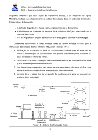UFBA – Universidade Federal da Bahia
DEM – Departamento de Engenharia Mecânica
14
ocupantes, determina que serão objeto de regulamento técnico, a ser elaborado por aquele
Ministério, medidas específicas referentes a padrões de qualidade do ar em ambientes climatizados.
Estas medidas dirão respeito:
• À definição de parâmetros físicos e composição química do ar de interiores;
• À identificação de poluentes de natureza física, química e biológica, suas tolerâncias e
métodos de controle;
• Aos pré-requisitos de projetos de instalação e de execução de sistemas de climatização.
Diretamente relacionados a estas medidas estão os quatro métodos básicos para a
manutenção da qualidade do ar de interiores (McQuiston e Parker, 1994):
1. Eliminação ou modificação da fonte de contaminantes – método mais eficiente para se
reduzir a concentração de contaminantes não gerados diretamente pelos ocupantes ou
pelas atividades no interior do edifício.
2. Distribuição do ar interno – remoção de contaminantes gerados por fontes localizadas antes
que se espalhem pelo ambiente climatizado.
3. Uso de ar externo – necessário para manter-se uma porcentagem mínima de oxigênio no ar
interno e ao mesmo tempo diluir-se a concentração de contaminantes.
4. Limpeza do ar – passo final de um projeto de condicionamento para se assegurar um
ambiente limpo e saudável.
Figura 1.6 - Sistema de climatização típico.
 