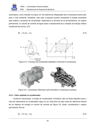 UFBA – Universidade Federal da Bahia
DEM – Departamento de Engenharia Mecânica
29
(isentrópico), como indicado na Figura 3.5. No sistema de refrigeração real o compressor perde calor
para o meio ambiente, entretanto, este calor é pequeno quando comparado à energia necessária
para realizar o processo de compressão. Aplicando-se a primeira lei da termodinâmica, em regime
permanente, no volume de controle da figura baixo e desprezando-se a variação de energia cinética
e potencial tem-se Eq. (3.3).
)hh(mW 12fc −= !! (3.3)
Figura 3.5 – Processo de compressão adiabático reversível no compressor.
Figura 3.6 – Compressor Alternativo semi-hermético e compressor parafuso.
3.4.3 – Calor rejeitado no condensador
Conforme mencionado, a função do condensador é transferir calor do fluido frigorífico para o
meio de resfriamento do condensador (água ou ar). Este fluxo de calor pode ser determina através
de um balanço de energia no volume de controle da Figura 3.8. Assim, considerando o regime
permanente, tem-se:
)hh(mQ 32fc −= !! (3.4)
 