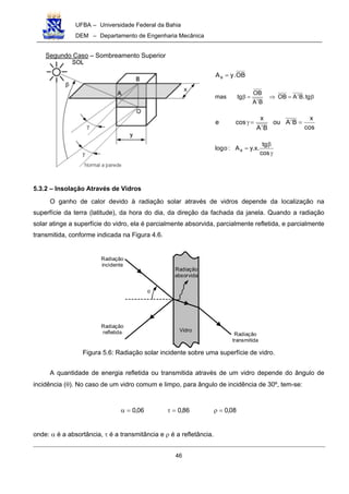 UFBA – Universidade Federal da Bahia
DEM – Departamento de Engenharia Mecânica
46
Segundo Caso – Sombreamento Superior
OB.yAs =
β′=⇒
′
=β tg.BAOB
BA
OB
tgmas
=′
′
=γ
cos
x
BAou
BA
x
cose
γ
β
=
cos
tg
.x.yA:olog s
5.3.2 – Insolação Através de Vidros
O ganho de calor devido à radiação solar através de vidros depende da localização na
superfície da terra (latitude), da hora do dia, da direção da fachada da janela. Quando a radiação
solar atinge a superfície do vidro, ela é parcialmente absorvida, parcialmente refletida, e parcialmente
transmitida, conforme indicada na Figura 4.6.
Radiação
transmitida
Radiação
absorvida
Radiação
incidente
Radiação
refletida Vidro
θ
Figura 5.6: Radiação solar incidente sobre uma superfície de vidro.
A quantidade de energia refletida ou transmitida através de um vidro depende do ângulo de
incidência (θ). No caso de um vidro comum e limpo, para ângulo de incidência de 30º, tem-se:
06,0=α 86,0=τ 08,0=ρ
onde: α é a absortância, τ é a transmitância e ρ é a refletância.
 