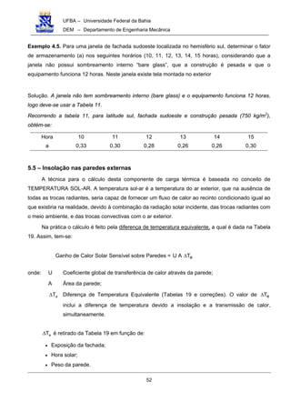 UFBA – Universidade Federal da Bahia
DEM – Departamento de Engenharia Mecânica
52
Exemplo 4.5. Para uma janela de fachada sudoeste localizada no hemisfério sul, determinar o fator
de armazenamento (a) nos seguintes horários (10, 11, 12, 13, 14, 15 horas), considerando que a
janela não possui sombreamento interno “bare glass”, que a construção é pesada e que o
equipamento funciona 12 horas. Neste janela existe tela montada no exterior
Solução. A janela não tem sombreamento interno (bare glass) e o equipamento funciona 12 horas,
logo deve-se usar a Tabela 11.
Recorrendo a tabela 11, para latitude sul, fachada sudoeste e construção pesada (750 kg/m2
),
obtém-se:
Hora 10 11 12 13 14 15
a 0,33 0,30 0,28 0,26 0,26 0,30
5.5 – Insolação nas paredes externas
A técnica para o cálculo desta componente de carga térmica é baseada no conceito de
TEMPERATURA SOL-AR. A temperatura sol-ar é a temperatura do ar exterior, que na ausência de
todas as trocas radiantes, seria capaz de fornecer um fluxo de calor ao recinto condicionado igual ao
que existiria na realidade, devido à combinação da radiação solar incidente, das trocas radiantes com
o meio ambiente, e das trocas convectivas com o ar exterior.
Na prática o cálculo é feito pela diferença de temperatura equivalente, a qual é dada na Tabela
19. Assim, tem-se:
Ganho de Calor Solar Sensível sobre Paredes = eTAU ∆
onde: U Coeficiente global de transferência de calor através da parede;
A Área da parede;
eT∆ Diferença de Temperatura Equivalente (Tabelas 19 e correções). O valor de eT∆
inclui a diferença de temperatura devido a insolação e a transmissão de calor,
simultaneamente.
eT∆ é retirado da Tabela 19 em função de:
• Exposição da fachada;
• Hora solar;
• Peso da parede.
 