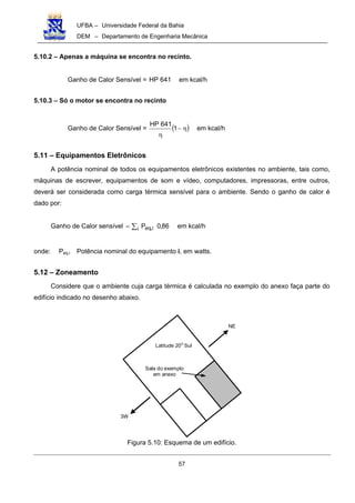 UFBA – Universidade Federal da Bahia
DEM – Departamento de Engenharia Mecânica
57
5.10.2 – Apenas a máquina se encontra no recinto.
Ganho de Calor Sensível = 641HP em kcal/h
5.10.3 – Só o motor se encontra no recinto
Ganho de Calor Sensível = ( )η−
η
1
641HP
em kcal/h
5.11 – Equipamentos Eletrônicos
A potência nominal de todos os equipamentos eletrônicos existentes no ambiente, tais como,
máquinas de escrever, equipamentos de som e vídeo, computadores, impressoras, entre outros,
deverá ser considerada como carga térmica sensível para o ambiente. Sendo o ganho de calor é
dado por:
Ganho de Calor sensível 86,0Pi i,eq∑= em kcal/h
onde: Peq,i Potência nominal do equipamento i, em watts.
5.12 – Zoneamento
Considere que o ambiente cuja carga térmica é calculada no exemplo do anexo faça parte do
edifício indicado no desenho abaixo.
NE
SW
Latitude 20O
Sul
Sala do exemplo
em anexo
Figura 5.10: Esquema de um edifício.
 