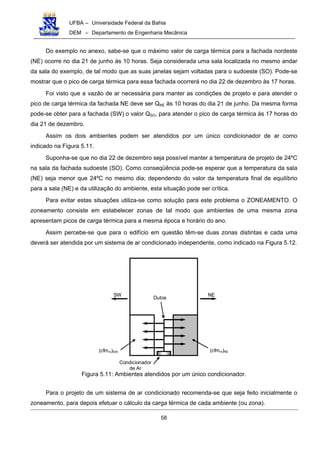 UFBA – Universidade Federal da Bahia
DEM – Departamento de Engenharia Mecânica
58
Do exemplo no anexo, sabe-se que o máximo valor de carga térmica para a fachada nordeste
(NE) ocorre no dia 21 de junho às 10 horas. Seja considerada uma sala localizada no mesmo andar
da sala do exemplo, de tal modo que as suas janelas sejam voltadas para o sudoeste (SO). Pode-se
mostrar que o pico de carga térmica para essa fachada ocorrerá no dia 22 de dezembro às 17 horas.
Foi visto que a vazão de ar necessária para manter as condições de projeto e para atender o
pico de carga térmica da fachada NE deve ser QNE às 10 horas do dia 21 de junho. Da mesma forma
pode-se obter para a fachada (SW) o valor QSO, para atender o pico de carga térmica às 17 horas do
dia 21 de dezembro.
Assim os dois ambientes podem ser atendidos por um único condicionador de ar como
indicado na Figura 5.11.
Suponha-se que no dia 22 de dezembro seja possível manter a temperatura de projeto de 24ºC
na sala da fachada sudoeste (SO). Como conseqüência pode-se esperar que a temperatura da sala
(NE) seja menor que 24ºC no mesmo dia; dependendo do valor da temperatura final de equilíbrio
para a sala (NE) e da utilização do ambiente, esta situação pode ser crítica.
Para evitar estas situações utiliza-se como solução para este problema o ZONEAMENTO. O
zoneamento consiste em estabelecer zonas de tal modo que ambientes de uma mesma zona
apresentam picos de carga térmica para a mesma época e horário do ano.
Assim percebe-se que para o edifício em questão têm-se duas zonas distintas e cada uma
deverá ser atendida por um sistema de ar condicionado independente, como indicado na Figura 5.12.
Condicionador
de Ar
Dutos
(cfmm)NE
NESW
(cfmm)SW
Figura 5.11: Ambientes atendidos por um único condicionador.
Para o projeto de um sistema de ar condicionado recomenda-se que seja feito inicialmente o
zoneamento, para depois efetuar o cálculo da carga térmica de cada ambiente (ou zona).
 