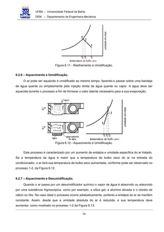 UFBA – Universidade Federal da Bahia
DEM – Departamento de Engenharia Mecânica
74
Figura 6.11 - Resfriamento e Umidificação.
6.2.6 – Aquecimento e Umidificação.
O ar pode ser aquecido e umidificado ao mesmo tempo, fazendo-o passar sobre uma bandeja
de água quente ou simplesmente pela injeção direta de água quente ou vapor. A água deve ser
aquecida durante o processo a fim de fornecer o calor latente necessário para a sua evaporação.
Figura 6.12 - Aquecimento e Umidificação.
Este processo é caracterizado por um aumento de entalpia e umidade específica do ar tratado.
Se a temperatura da água é maior que a temperatura de bulbo seco do ar na entrada do
condicionador, o ar terá sua temperatura de bulbo seco aumentada, conforme pode ser observado no
processo 1-2, da Figura 6.12.
6.2.7 – Aquecimento e Desumidificação.
Quando o ar passa por um desumidificador químico o vapor de água é absorvido ou adsorvido
por uma substância higroscópica, como por exemplo, a sílica gel, a alumina ativada e o cloreto de
cálcio ou lítio. No caso ideal o processo ocorre adiabaticamente, portanto a entalpia do ar se mantém
constante. Assim, desde que a umidade absoluta do ar é reduzida, a sua temperatura deve
aumentar, como mostrado no processo 1-2 da Figura 6.13.
 
