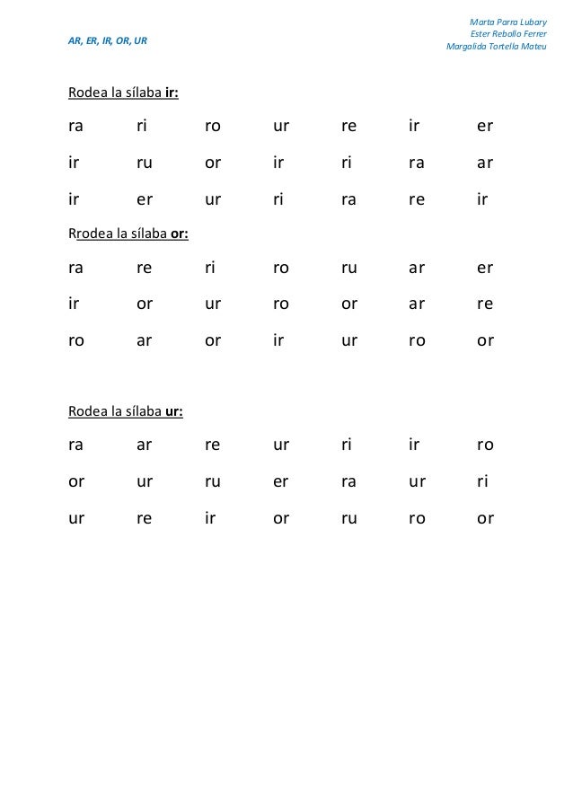 Ar Er Ir Or Ur Imprenta