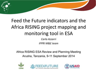 Feed the Future indicators and the 
Africa RISING project mapping and 
monitoring tool in ESA 
Carlo Azzarri 
IFPRI M&E team 
Africa RISING ESA Review and Planning Meeting 
Arusha, Tanzania, 9-11 September 2014 
 