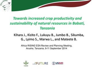 Towards increased crop productivity and 
sustainability of natural resources in Babati, 
Tanzania 
Kihara J., Kizito F., Lukuyu B., Jumbo B., Sikumba, 
G., Lyimo S., Marwa L., and Mateete B. 
Africa RISING ESA Review and Planning Meeting, 
Arusha, Tanzania, 9-11 September 2014 
 