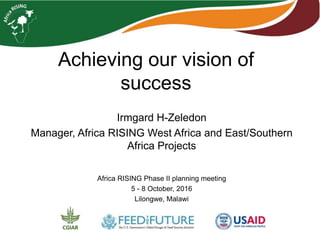Achieving our vision of
success
Irmgard H-Zeledon
Manager, Africa RISING West Africa and East/Southern
Africa Projects
Africa RISING Phase II planning meeting
5 - 8 October, 2016
Lilongwe, Malawi
 