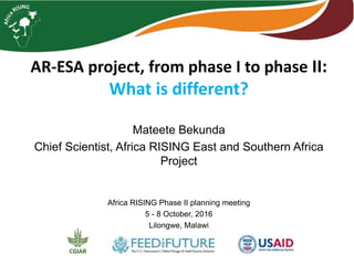 AR-ESA project, from phase I to phase II:
What is different?
Mateete Bekunda
Chief Scientist, Africa RISING East and Southern Africa
Project
Africa RISING Phase II planning meeting
5 - 8 October, 2016
Lilongwe, Malawi
 