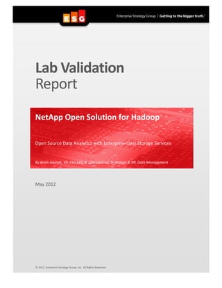 Lab Validation
Report
NetApp Open Solution for Hadoop

Open Source Data Analytics with Enterprise-class Storage Services


By Brian Garrett, VP, ESG Lab, & Julie Lockner, Sr Analyst & VP, Data Management




May 2012




© 2012, Enterprise Strategy Group, Inc. All Rights Reserved.
 