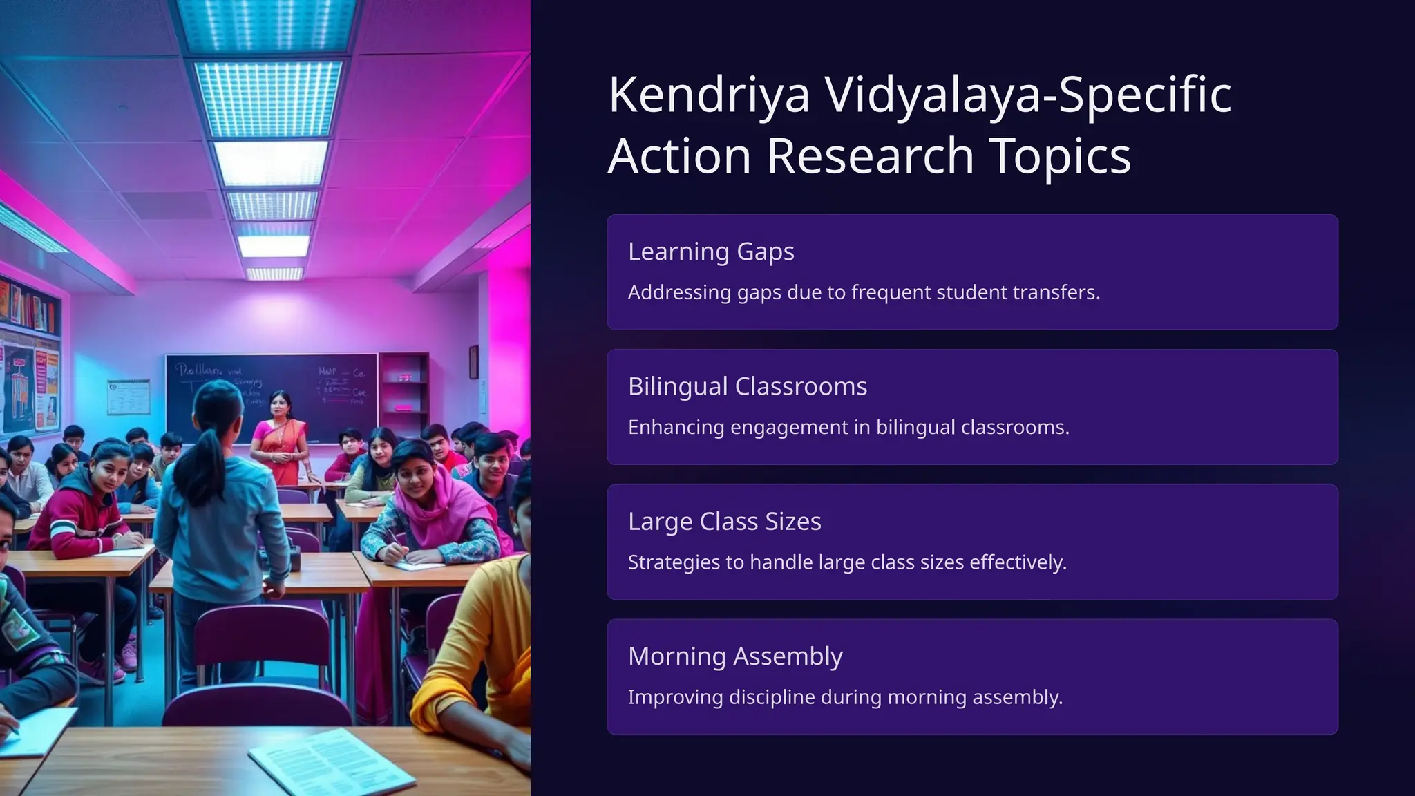 Kendriya Vidyalaya-Specific
Action Research Topics
Learning Gaps
Addressing gaps due to frequent student transfers.
Bilingual Classrooms
Enhancing engagement in bilingual classrooms.
Large Class Sizes
Strategies to handle large class sizes effectively.
Morning Assembly
Improving discipline during morning assembly.
 
