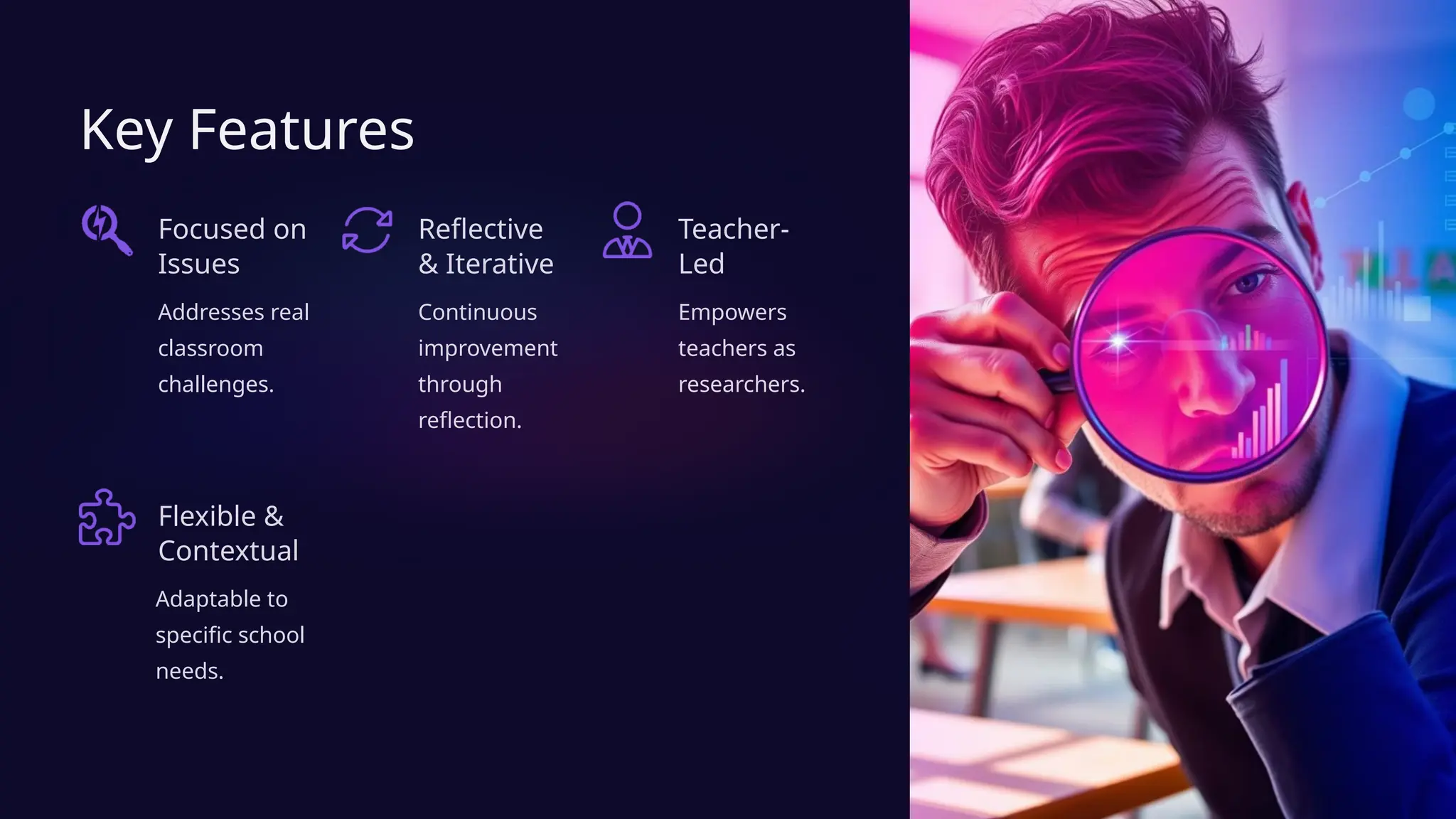 Key Features
Focused on
Issues
Addresses real
classroom
challenges.
Reflective
& Iterative
Continuous
improvement
through
reflection.
Teacher-
Led
Empowers
teachers as
researchers.
Flexible &
Contextual
Adaptable to
specific school
needs.
 
