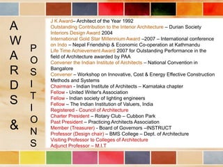 J K Award– Architect of the Year 1992
A       Outstanding Contribution to the Interior Architecture – Durian Society
        Interiors Design Award 2004

W       International Gold Star Millennium Award –2007 – International conference
        on Indo – Nepal Friendship & Economic Co-operation at Kathmandu
    P   Life Time Achievement Award 2007 for Outstanding Performance in the
A   O
        field of Architecture awarded by PAA
        Convener the Indian Institute of Architects – National Convention in

R   S
        Bangalore
        Convener – Workshop on Innovative, Cost & Energy Effective Construction
        Methods and Systems
D   I   Chairman - Indian Institute of Architects – Karnataka chapter
        Fellow - United Writer's Association
    T
S       Fellow - Indian society of lighting engineers
        Fellow – The Indian Institution of Valuers, India
    I   Registered - Council of Architecture
        Charter President – Rotary Club – Cubbon Park
    O   Past President – Practicing Architects Association
&   N
        Member (Treasurer) - Board of Governors –INSTRUCT
        Professor (Design chair) – BMS College – Dept. of Architecture
        Visiting Professor to Colleges of Architecture
    S   Adjunct Professor – M.I.T
 