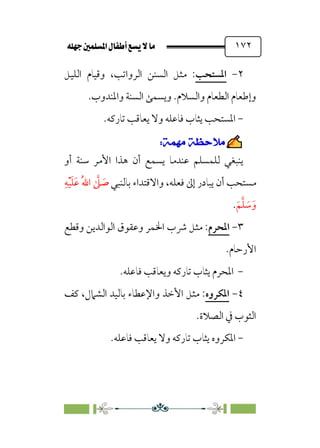 È‹Ëu@¥‡‹éΩa@ﬁb–üc@…éÌ@¸@bﬂ
@ ١٧٢
٢
-
‫اﳌﺴﺘﺤﺐ‬
،‫اﻟﺮواﺗﺐ‬ ‫اﻟﺴﻨﻦ‬ ‫ﻣﺜﻞ‬ :
‫اﻟﻠﻴﻞ‬ ‫وﻗﻴﺎم‬
.‫واﳌﻨﺪوب‬ ‫اﻟﺴﻨﺔ‬ ‫وﻳﺴﻤﻰ‬ .‫واﻟﺴﻼم‬ ‫اﻟﻄﻌﺎم‬ ‫وإﻃﻌﺎم‬
-
.‫ﺗﺎرﻛﻪ‬ ‫ﻳﻌﺎﻗﺐ‬ ‫وﻻ‬ ‫ﻓﺎﻋﻠﻪ‬ ‫ﻳﺜﺎب‬ ‫اﳌﺴﺘﺤﺐ‬

�
�
�
�
�
�
�
‫أن‬ ‫ﻳﺴﻤﻊ‬ ‫ﻋﻨﺪﻣﺎ‬ ‫ﻟﻠﻤﺴﻠﻢ‬ ‫ﻳﻨﺒﻐﻲ‬
‫أو‬ ‫ﺳﻨﺔ‬ ‫اﻷﻣﺮ‬ ‫ﻫﺬا‬
‫ﺑﺎﻟﻨﺒﻲ‬ ‫واﻻﻗﺘﺪاء‬ ،‫ﻓﻌﻠﻪ‬ ‫إﱃ‬ ‫ﻳﺒﺎدر‬ ‫أن‬ ‫ﻣﺴﺘﺤﺐ‬
‫ﹺ‬‫ﻪ‬‫ﹾ‬‫ﻴ‬‫ﹶ‬‫ﻠ‬‫ﹶ‬‫ﻋ‬ ‫ﹸ‬‫ﷲ‬‫ا‬ ‫ﱠ‬
‫ﲆ‬ ‫ﹶ‬
‫ﺻ‬
‫ﹶ‬‫ﻢ‬‫ﱠ‬‫ﻠ‬ ‫ﹶ‬
‫ﺳ‬‫ﹶ‬‫و‬
.
٣
-
‫اﳌﺤﺮم‬
‫وﻗﻄﻊ‬ ‫اﻟﻮاﻟﺪﻳﻦ‬ ‫وﻋﻘﻮق‬ ‫اﳋﻤﺮ‬ ‫ﴍب‬ ‫ﻣﺜﻞ‬ :
.‫اﻷرﺣﺎم‬
-
.‫ﻓﺎﻋﻠﻪ‬ ‫وﻳﻌﺎﻗﺐ‬ ‫ﺗﺎرﻛﻪ‬ ‫ﻳﺜﺎب‬ ‫اﳌﺤﺮم‬
٤
-
‫اﳌﻜﺮوه‬
‫ﻛﻒ‬ ،‫اﻟﺸﲈل‬ ‫ﺑﺎﻟﻴﺪ‬ ‫واﻹﻋﻄﺎء‬ ‫اﻷﺧﺬ‬ ‫ﻣﺜﻞ‬ :
.‫اﻟﺼﻼة‬ ‫ﰲ‬ ‫اﻟﺜﻮب‬
-
‫اﳌﻜ‬
.‫ﻓﺎﻋﻠﻪ‬ ‫ﻳﻌﺎﻗﺐ‬ ‫وﻻ‬ ‫ﺗﺎرﻛﻪ‬ ‫ﻳﺜﺎب‬ ‫ﺮوه‬
 