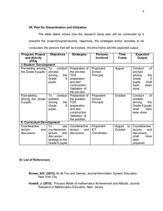 6
VII. Plan for Dissemination and Utilization
The table below shows how the research study plan will be conducted as it
presents the project/program/activity, objectives, the strategies and/or activities to be
conducted, the persons that will be involved, the time frame and the expected output.
Program, Project
and Activity
(PPA)
Objectives Strategies Persons
Involved
Time
Frame
Expected
Output
I. Student Development
Pre-testing among
the Grade 6 pupils.
To conduct
pre-test
among the
Grade 6
pupils.
Preparation of
the pre-test.
TOS
preparation
and test
construction.
Validation of
the pre-test.
Proponent
School
Principal
August Conduct of
pre-test
among the
Grade 6
pupils. shall
have been
done.
Post-testing
among the Grade
6 pupils.
To conduct
posttest
among the
Grade 6
pupils.
Preparation of
the posttest.
TOS
preparation
and test
construction.
Validation of
the posttest.
Proponent
School
Principal
October Conduct of
posttest
among the
Grade 6 pupils
shall have
been done.
II. Curriculum Development
Counteractive
lecture and
discussion.
To use
counteractive
lecture and
discussion
strategy to the
Grade 6 pupils
Counteractive
lecture and
discussion.
Proponent
ICT
Coordinator
August to
October
Counteractive
lecture and
discussion
shall have
been
prepared.
IX. List of References
Brown, A.D. (2015), Its All Fun and Games, Journal Information System Education,
New York City
Howell, J. (2015) , Process Model of mathematics Achievement and Attitude, Journal
Research in Mathematics Education, New Jersey
 