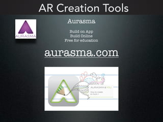 AR Creation Tools
Aurasma
Build on App
Build Online
Free for education
aurasma.com
 