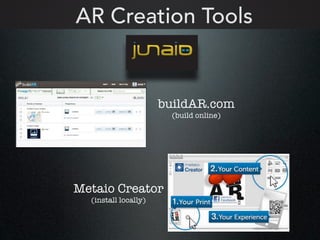 AR Creation Tools
buildAR.com
(build online)
Metaio Creator
(install locally)
 