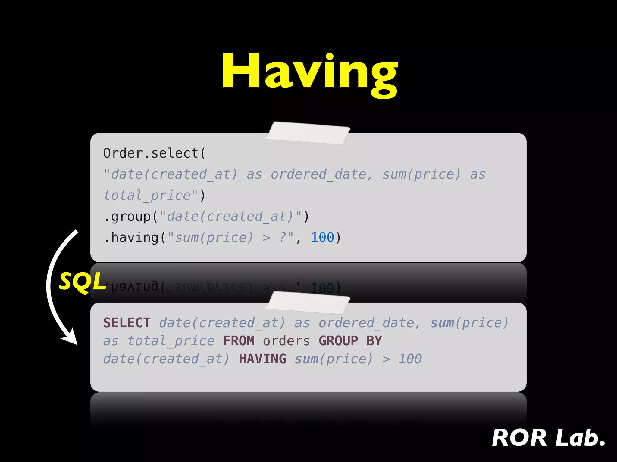 Having
  Order.select(
  "date(created_at) as ordered_date, sum(price) as
  total_price")
  .group("date(created_at)")
  .having("sum(price) > ?", 100)


SQL
  SELECT date(created_at) as ordered_date, sum(price)
  as total_price FROM orders GROUP BY
  date(created_at) HAVING sum(price) > 100




                                                     ROR Lab.
 