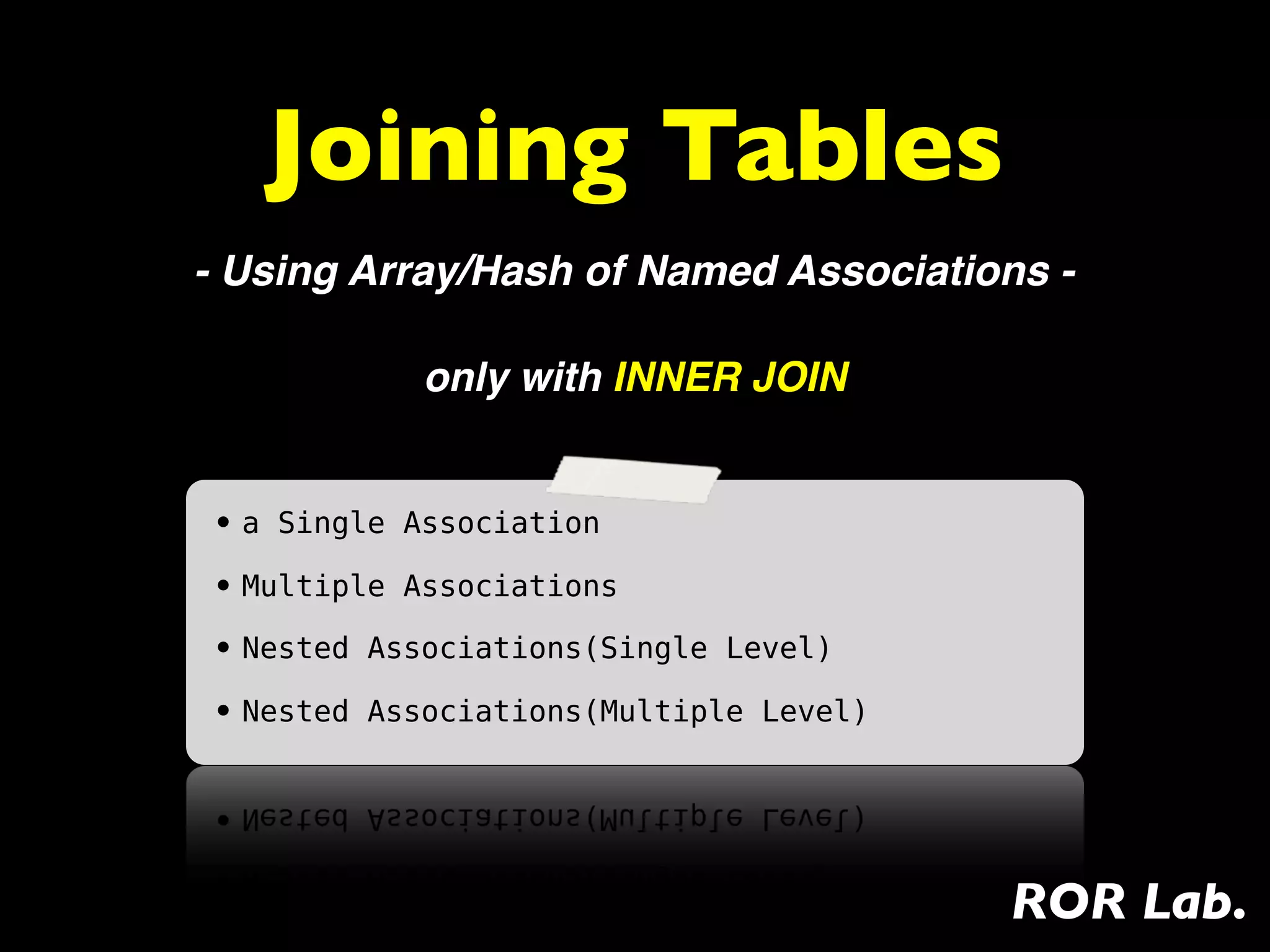 Joining Tables
- Using Array/Hash of Named Associations -

           only with INNER JOIN


• a Single Association
• Multiple Associations
• Nested Associations(Single Level)
• Nested Associations(Multiple Level)




                                        ROR Lab.
 