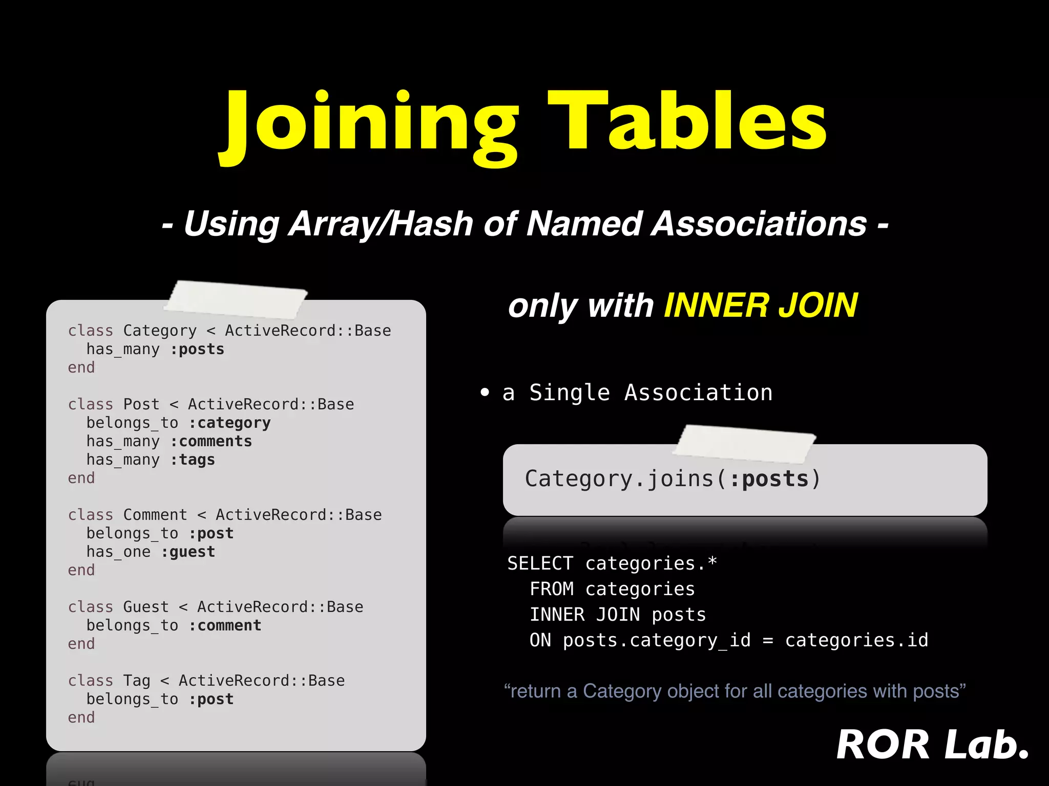Joining Tables
         - Using Array/Hash of Named Associations -

                                        only with INNER JOIN
class Category < ActiveRecord::Base
  has_many :posts
end
 
class Post < ActiveRecord::Base       • a Single Association
  belongs_to :category
  has_many :comments
  has_many :tags
end                                       Category.joins(:posts)
 
class Comment < ActiveRecord::Base
  belongs_to :post
  has_one :guest
end                                     SELECT categories.*
                                          FROM categories
class Guest < ActiveRecord::Base
                                          INNER JOIN posts
  belongs_to :comment
end                                       ON posts.category_id = categories.id
 
class Tag < ActiveRecord::Base
  belongs_to :post                      “return a Category object for all categories with posts”
end

                                                                                ROR Lab.
 