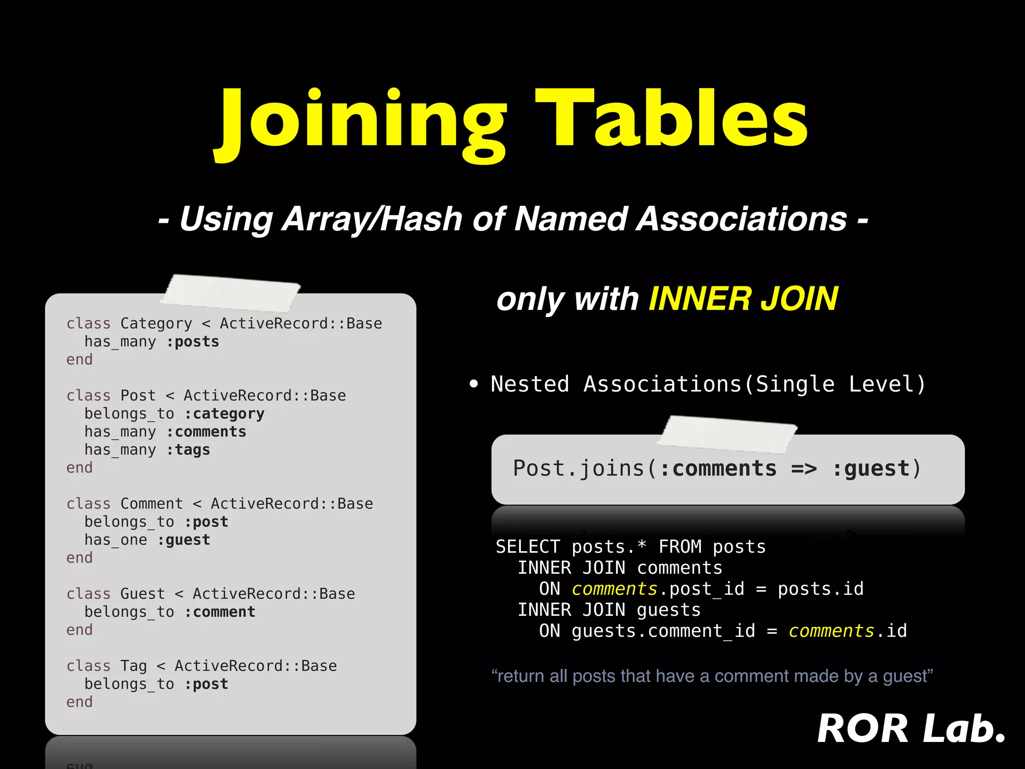 Joining Tables
         - Using Array/Hash of Named Associations -

                                        only with INNER JOIN
class Category < ActiveRecord::Base
  has_many :posts
end
 
class Post < ActiveRecord::Base       • Nested Associations(Single Level)
  belongs_to :category
  has_many :comments
  has_many :tags
end                                      Post.joins(:comments => :guest)
 
class Comment < ActiveRecord::Base
  belongs_to :post
  has_one :guest
                                        SELECT posts.* FROM posts
end
                                          INNER JOIN comments
class Guest < ActiveRecord::Base            ON comments.post_id = posts.id
  belongs_to :comment                     INNER JOIN guests
end                                         ON guests.comment_id = comments.id
 
class Tag < ActiveRecord::Base
  belongs_to :post                     “return all posts that have a comment made by a guest”
end

                                                                              ROR Lab.
 