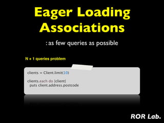 Eager Loading
     Associations
           : as few queries as possible

N + 1 queries problem


 clients = Client.limit(10)
  
 clients.each do |client|
   puts client.address.postcode




                                          ROR Lab.
 