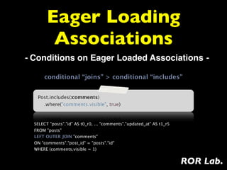 Eager Loading
         Associations
- Conditions on Eager Loaded Associations -

      conditional “joins” > conditional “includes”


   Post.includes(:comments)
     .where("comments.visible", true)


  SELECT "posts"."id" AS t0_r0, ... "comments"."updated_at" AS t1_r5
  FROM "posts"
  LEFT OUTER JOIN "comments"
  ON "comments"."post_id" = "posts"."id"
  WHERE (comments.visible = 1)


                                                                       ROR Lab.
 