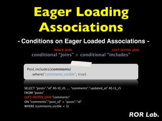 Eager Loading
         Associations
- Conditions on Eager Loaded Associations -
                      INNER JOIN                             LEFT OUTER JOIN
      conditional “joins” > conditional “includes”


   Post.includes(:comments)
     .where("comments.visible", true)


  SELECT "posts"."id" AS t0_r0, ... "comments"."updated_at" AS t1_r5
  FROM "posts"
  LEFT OUTER JOIN "comments"
  ON "comments"."post_id" = "posts"."id"
  WHERE (comments.visible = 1)


                                                                       ROR Lab.
 