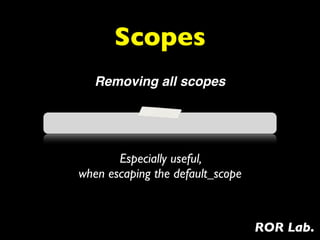 Scopes
   Removing all scopes




       Especially useful,
when escaping the default_scope



                                  ROR Lab.
 