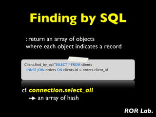 Finding by SQL
 : return an array of objects
 where each object indicates a record

Client.ﬁnd_by_sql("SELECT * FROM clients
  INNER JOIN orders ON clients.id = orders.client_id




cf. connection.select_all
       an array of hash

                                                       ROR Lab.
 