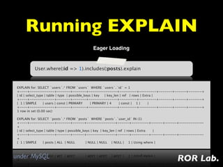 Running EXPLAIN
                                        Eager Loading


          User.where(:id => 1).includes(:posts).explain


 EXPLAIN for: SELECT `users`.* FROM `users`  WHERE `users`.`id` = 1
 +----+-------------+-------+-------+---------------+---------+---------+-------+------+-------+
 | id | select_type | table | type  | possible_keys | key     | key_len | ref   | rows | Extra |
 +----+-------------+-------+-------+---------------+---------+---------+-------+------+-------+
 |  1 | SIMPLE      | users | const | PRIMARY       | PRIMARY | 4       | const |    1 |       |
 +----+-------------+-------+-------+---------------+---------+---------+-------+------+-------+
 1 row in set (0.00 sec)
  
 EXPLAIN for: SELECT `posts`.* FROM `posts`  WHERE `posts`.`user_id` IN (1)
 +----+-------------+-------+------+---------------+------+---------+------+------+-------------
 +
 | id | select_type | table | type | possible_keys | key  | key_len | ref  | rows | Extra       |
 +----+-------------+-------+------+---------------+------+---------+------+------+-------------
 +
 |  1 | SIMPLE      | posts | ALL  | NULL          | NULL | NULL    | NULL |    1 | Using where |



under MySQL                                                                        ROR Lab.
 