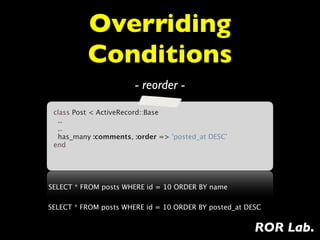 Overriding
          Conditions
                       - reorder -
 class Post < ActiveRecord::Base
   ..
   ..
   has_many :comments, :order => 'posted_at DESC'
 end
  



SELECT * FROM posts WHERE id = 10 ORDER BY name

SELECT * FROM posts WHERE id = 10 ORDER BY posted_at DESC


                                                       ROR Lab.
 
