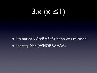 3.x (x ≤1)
• It’s not only Arel! AR::Relation was released
• Identity Map (WHORRAAAA)
 
