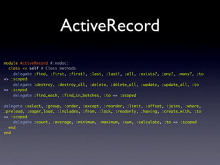 ActiveRecord
module ActiveRecord #:nodoc:
class << self # Class methods
delegate :find, :first, :first!, :last, :last!, :all, :exists?, :any?, :many?, :to
=> :scoped
delegate :destroy, :destroy_all, :delete, :delete_all, :update, :update_all, :to
=> :scoped
delegate :find_each, :find_in_batches, :to => :scoped
delegate :select, :group, :order, :except, :reorder, :limit, :offset, :joins, :where,
:preload, :eager_load, :includes, :from, :lock, :readonly, :having, :create_with, :to
=> :scoped
delegate :count, :average, :minimum, :maximum, :sum, :calculate, :to => :scoped
end
end
 
