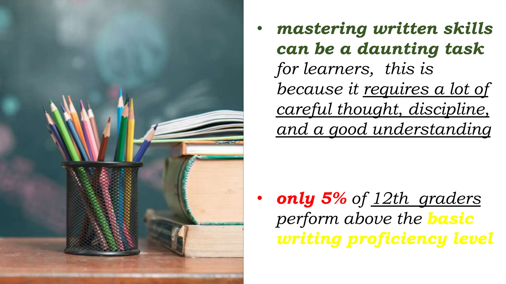 • mastering written skills
can be a daunting task
for learners, this is
because it requires a lot of
careful thought, discipline,
and a good understanding
• only 5% of 12th graders
perform above the basic
writing proficiency level
 