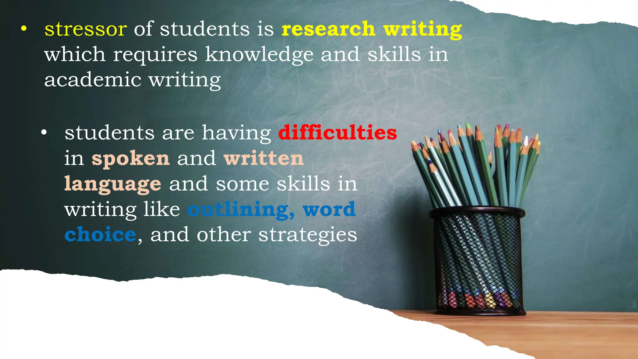 mastering written skills can be a daunting task for
learners, this is because it requires a lot of careful
thought, discipline, and a good understanding
5% of 12th graders perform above the basic writing
proficiency level
• stressor of students is research writing
which requires knowledge and skills in
academic writing
• students are having difficulties
in spoken and written
language and some skills in
writing like outlining, word
choice, and other strategies
 