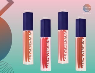 Kalahari
Samburu
Masai
Nairobi
BENEFICIOS
•Alta pigmentación
• Resistente al agua
• Larga duración
•Alto podercubriente
• Secado rápido
•Acabado mate
•Textura cremosa
•Aroma delicioso
• Fórmula enriquecida con vitamina E
y aceite de argán
La colección de labiales mate KV. ofrece cuatro diferentes tonos que
destacan porsus colores intensos de alta pigmentación, que brindan
una aplicación precisa y cobertura completa gracias a su fórmula con
ingredientes de origen natural ideales para la humectación de los labios.
LABIALES
LÍQUIDOS
MATE
precio
sugerido
6g (o.21 Oz.) e
$ 940,00
 